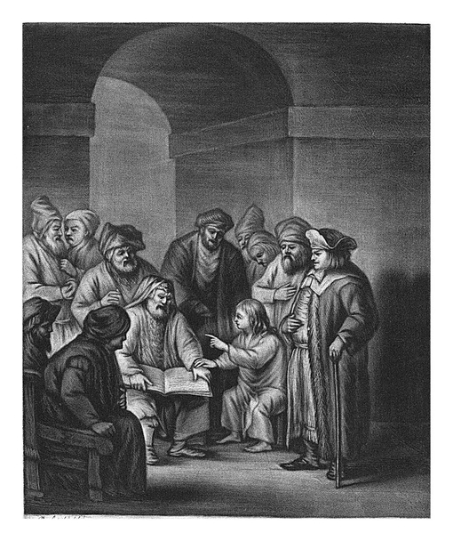 Dwunastoletni Chrystus w świątyni, John Greenwood, po Rembrandt van Rijn, 1739 - 1792 Dwunastoletni Chrystus siedzi wśród uczonych w świątyni i zadaje im pytania. - Zdjęcie, obraz