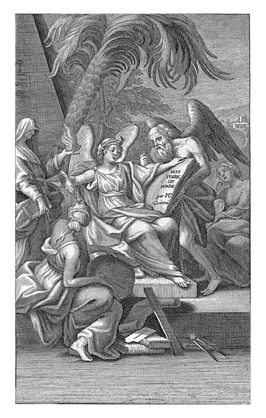 Allegorie van de geschiedenis, Abraham de Blois, naar B.L. Boulogne, 1679 - 1717 Allegorie van de geschiedenis met vrouwelijke personificatie van geschiedenis en gevleugelde tijd. - Foto, afbeelding