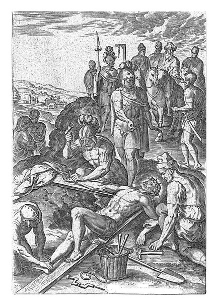 キリストの十字架刑,ヨハネス・ヴァン・デン・ブロック,1583年のキリストの十字架刑の物語のための本のイラスト(マルコ15:24)). - 写真・画像