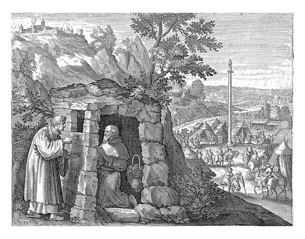 H. Simeon de Styliet como eremita, Jan van Londerseel, depois de Maerten de Vos. Simeão, o Estilieta, aconselha um visitante de seu eremitério. No fundo um acampamento de tendas com o santo Simeão. - Foto, Imagem