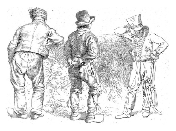 Feuille d'étude avec trois figures debout, Jacob Ernst Marcus, 1815 Feuille d'étude avec un soldat debout et deux paysans debout vus de dos. - Photo, image