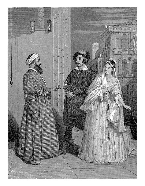 Cityscape with Arab and Man with Woman, Dirk Jurriaan Sluyter, 1849 Arabský muž oslovuje západní pár. Dáma před ním couvne.. - Fotografie, Obrázek