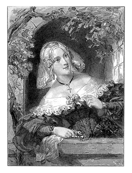 Mujer en una ventana, Johannes de Mare, después de Nicolaas Pieneman, 1839 Mujer en una ventana. Impresión utilizada en: Tesselschade Yearbook, 1839. - Foto, imagen