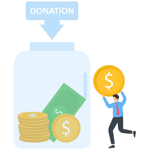 お金のイラストセットを寄付するキャラクター. 寄付ボックスにコインを入れてクレジットカードを寄付するボランティア - ベクター画像