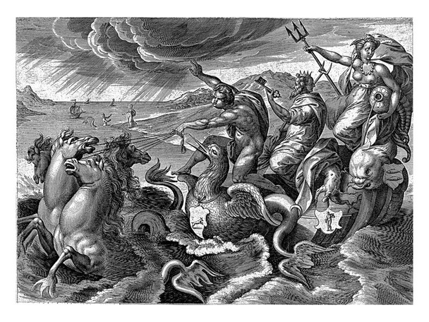 Water, Antonie Wierix (II), d'après Marten van Cleve (I), 1565 - avant 1604 La personnification féminine de l'élément Water navigue sur un char triomphal. - Photo, image