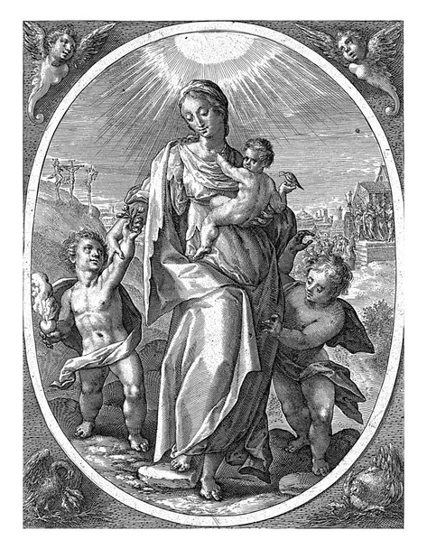 Liefde, Crispijn van de Passe (I), 1574 - 1637 De vrouwelijke personificatie van de liefde (Caritas), vergezeld door kinderen. Een van hen heeft een vlammend hart.. - Foto, afbeelding