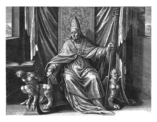 Saint Grégoire, Adriaen Collaert, d'après Dirck Barendsz., 1570 - 1618 Saint Grégoire, assis sur un trône. Il porte les robes papales et tient le bâton papal. - Photo, image