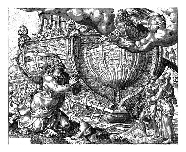 Dios ordena a Noé que construya el arca, Cornelis Cort, después de Maarten van Heemskerck, c. 1558 c. 1560 En el primer plano izquierdo Noé se arrodilla, sus manos dobladas. - Foto, imagen