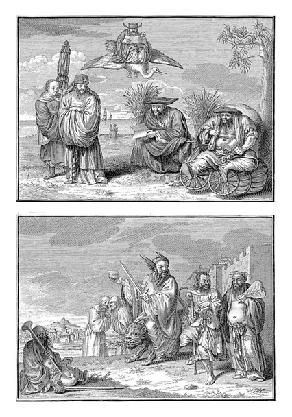 Chinese oplichters die Wind / Chinese oplichters en bedelaars verkopen, Bernard Picart (workshop van), naar Bernard Picart, 1726 Blad met twee voorstellingen van Chinese oplichters. - Foto, afbeelding