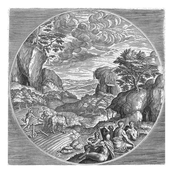 Edad de Plata, Philips Galle, después de Gillis Coignet (I), 1573 En un marco redondo la Edad de Plata de Júpiter. En primer plano, algunas personas medio vestidas realizan las artes. - Foto, Imagen