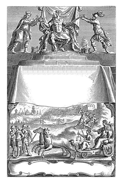 An Emperor and Justice on a Chariot, Reinier van Persijn, 1659 Paysage avec bataille. Un prince est capturé par des soldats. Au premier plan un empereur et la personnification de la justice sur un char. - Photo, image