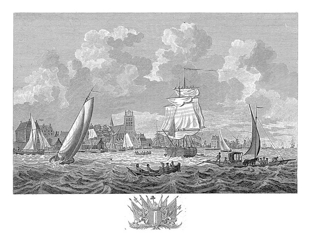 Veduta di Dordrecht, Mathias de Sallieth, dopo Dirk de Jong, 1781 - 1787 Veduta di Dordrecht, vista dal Merwede. Barche diverse in acqua. - Foto, immagini