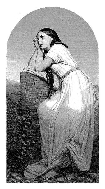 Mujer joven con una túnica larga, Willem Frederik Wehmeyer, después de Ary Scheffer, 1834 - 1878 Una mujer joven se apoya en una pared de piedra o columna con hiedra. - Foto, imagen