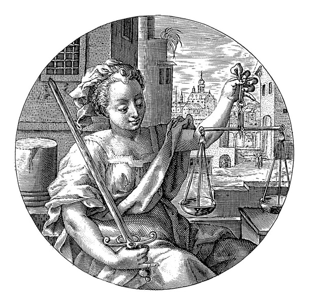 Gerechtigkeit, Crispijn van de Passe (I), 1600 Die weibliche Verkörperung der Gerechtigkeit (Justitia), eine der vier Kardinaltugenden. In ihren Händen das Schwert und die Waage, Symbole der Macht und Unparteilichkeit. - Foto, Bild