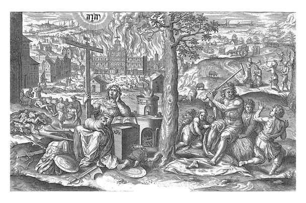 Geduld in tegenspoed, Hans Collaert (I), naar Crispijn van den Broeck, 1577 Op de voorgrond links de personificatie Patience (Patientia), omringd door wapens. - Foto, afbeelding
