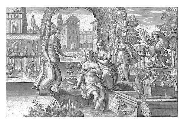 Bathsheba receives the letter from David, Adriaen Collaert, after Jan Snellinck, 1596 - 1643 Bathsheba, accompanied by servants, sits on the edge of a water basin by a fountain. - Photo, Image