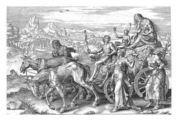 Chariot triomphal avec pauvreté (Inopia), Cornelis Cort, d'après Maarten van Heemskerck, 1564 La personnification de la pauvreté, une vieille femme aux vêtements déchirés. - Photo, image