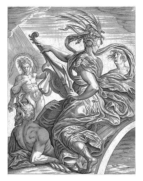 De vrouwelijke personificatie van Muziek speelt een instrument. Ze is omringd door Pan, Apollo en een derde figuur. In het kader in de marge een onderschrift met vier regels, in twee kolommen, in het Latijn. - Foto, afbeelding