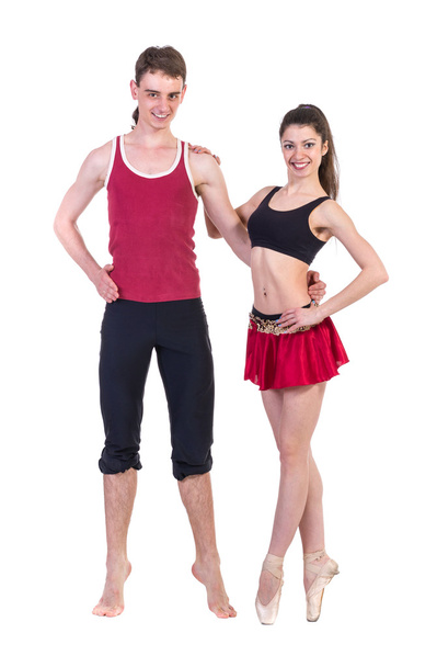 Full length of young ballet couple dancing on white background - Photo, image