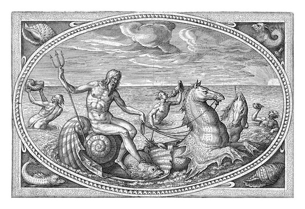 Neptune, Adriaen Collaert, after Philips Galle, 1570 - 1618 In an oval frame the sea with Neptune, in a large seashell, pulled by two hippocampuses (seahorses). - Photo, Image