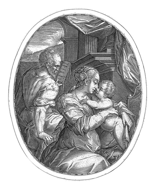 Holy Family, Dominicus Custos, after Giorgio Vasari, c. 1579 - c. 1615 Mary sits on a chair, the Child kneels in her lap and plays with her necklace. - Photo, Image