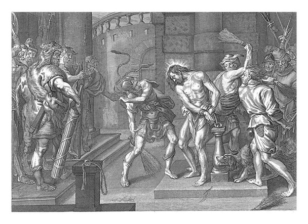 La flagelación, anónima, después de Pieter de Bailliu (I), después de Abraham van Diepenbeeck, después de Erasmus Quellinus (I), 1630 - 1702 Cristo, atado al asta del azote, es golpeado por tres hombres con vara y cuerda. - Foto, imagen