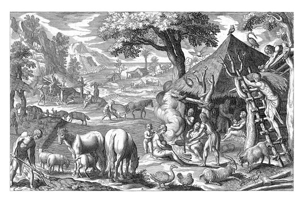 De Zilveren Eeuw, Robert de Baudous, naar Antonio Tempesta, 1591 - 1659 De Zilveren Eeuw: mensen kweken en cultiveren het land en werken aan hun huizen. - Foto, afbeelding
