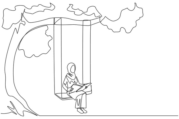 Una sola línea continua dibujando a una mujer árabe sentada en columpio bajo un libro de lectura de árboles sombríos. Gran entusiasmo por la lectura. Lee en cualquier sitio. La lectura aumenta la comprensión. Ilustración vectorial de diseño de una línea - Vector, Imagen