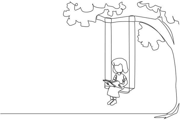 Dibujo continuo de una línea chica sentada en columpio bajo un árbol sombreado leyendo un libro. Gran entusiasmo por la lectura. Lee en cualquier sitio. La lectura aumenta la comprensión. Ilustración vectorial de diseño de línea única - Vector, imagen
