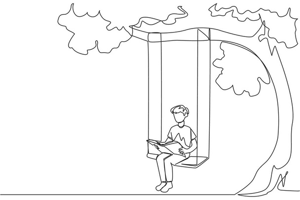 Nepřetržitá jedna čára kreslí muže sedícího na houpačce pod stinným stromem a čte si knihu. Vysoké nadšení pro čtení. Čti kdekoliv. Čtení zvyšuje vhled. Návrhová vektorová ilustrace jednořádkového kreslení - Vektor, obrázek