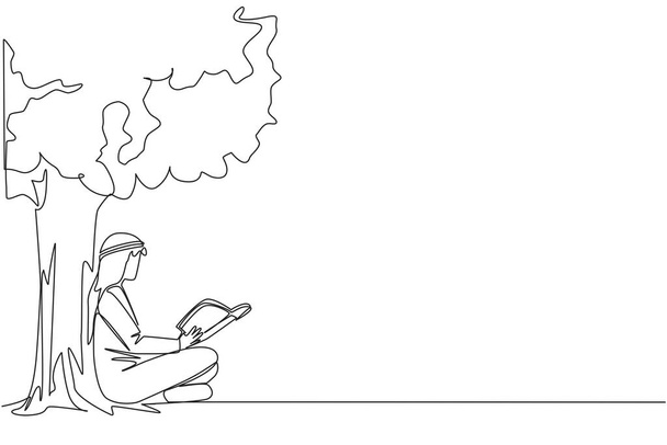 Folyamatos egy vonal rajz arab férfi ül olvasás könyvet alatt árnyas fa. Folytatódik a regénykönyv második kötete. Jó olvasást! Könyvfesztivál. Egysoros tervezési vektor illusztráció - Vektor, kép