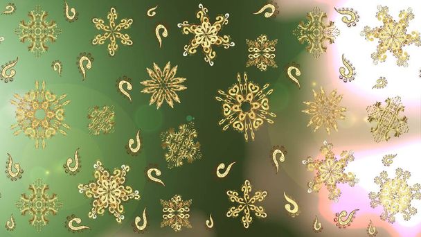 Περίγραμμα χρυσά νιφάδες χιονιού σε σχήμα μαντάλα για τέχνη στυλ θεραπείας zen σχέδιο. Χειροποίητο, κομψό σκίτσο σε στυλ tatto, σχέδιο υφάσματος και κάρτες στην απεικόνιση Raster. - Φωτογραφία, εικόνα