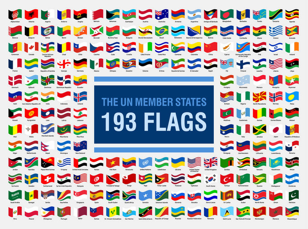 Všech 193 suverénních států vlajky OSN se svým jménem. United Nations Country Waving flags vector design. - Vektor, obrázek