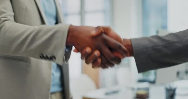 Business, closeup and staff with handshake, support and agreement with goals, teamwork and thank you. Zoom, cooperation or coworkers shaking hands, partnership and deal with promotion and opportunity. - Footage, Video
