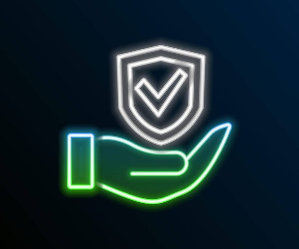 Glowing neon line Shield in hand icon isolated on black background. Insurance concept. Guard sign. Security, safety, protection, privacy concept. Colorful outline concept. Vector - Vector, Image