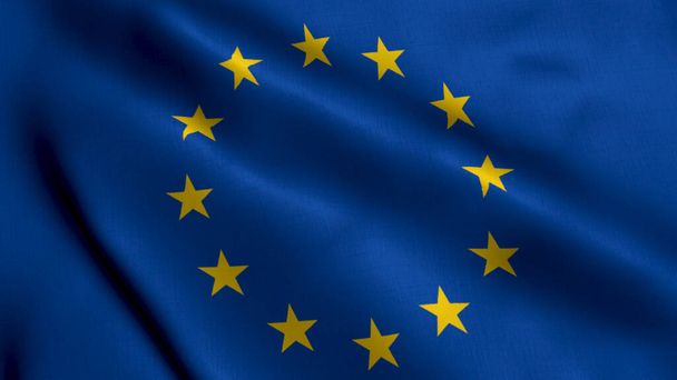 Флаг Европы. Атласная текстура ткани Флага Европы 3D иллюстрация. Реальная фактура Евросоюза - Фото, изображение