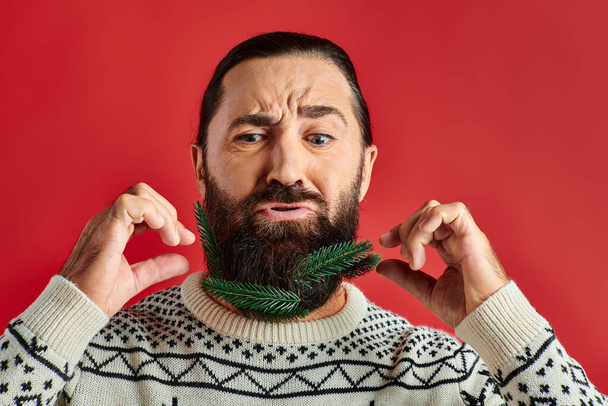 confused man in winter sweater touching branches with spruce on red backdrop, Merry Christmas - Photo, Image