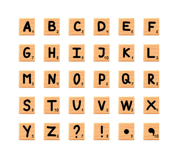 Houten tegels alfabet. Vierkant blok met letters. Game asset, puzzel of kruiswoordspellen UI, vectorillustratie. - Vector, afbeelding