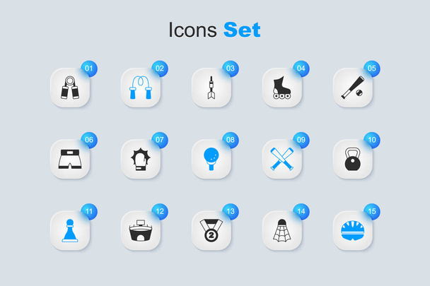 Set Bádminton Shuttlecock, Punch boxing gloves, Jump rope, Chess, Bicycle helmet, Weight, Sport expander y Golf ball tee icon. Vector - Vector, Imagen