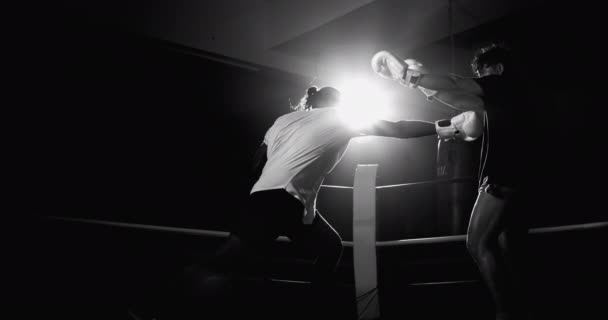 Taistelija lävistys vastustaja, kilpailija väistää booli dramaattinen intensiivinen mustavalkoinen, yksivärinen laukaus sotureita sisällä rengas - Materiaali, video