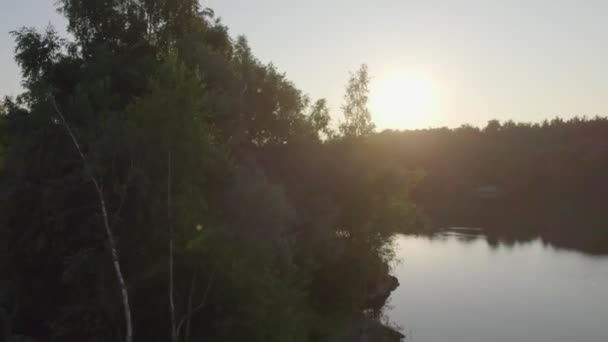 In einem sanften Anstieg wechselt die Luftaufnahme von der Verborgenheit hinter einem einsamen Baum zu einem atemberaubenden Sonnenuntergang über einem ruhigen Waldsee. Der Abendhimmel, bemalt mit purpurroten Strichen - Filmmaterial, Video