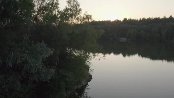 In una dolce salita, la vista aerea passa dall'occultamento dietro un albero solitario per rivelare un tramonto mozzafiato su un sereno lago boschivo. Il cielo della sera, dipinto con colpi di cremisi - Filmati, video