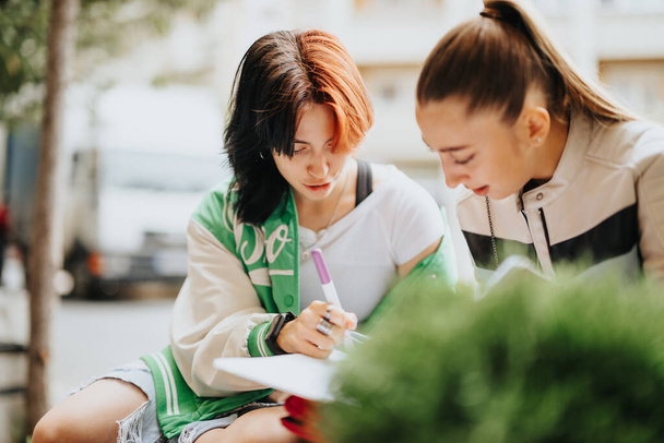 Gorgeous high school girls, casually dressed, studying outdoors. They discuss school subjects, help each other with homework, and embrace remote learning. - Foto, Imagen