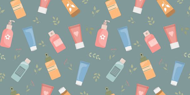 Seamless pattern of hand and face creams, organic cosmetics. Skin care background. Print, wallpaper. Vector - Vector, Image