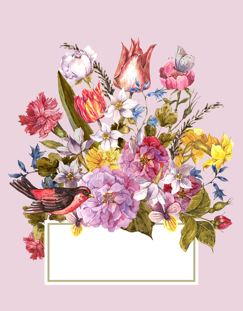 Весенняя цветочная ретро-карта в винтажном стиле
 - Фото, изображение