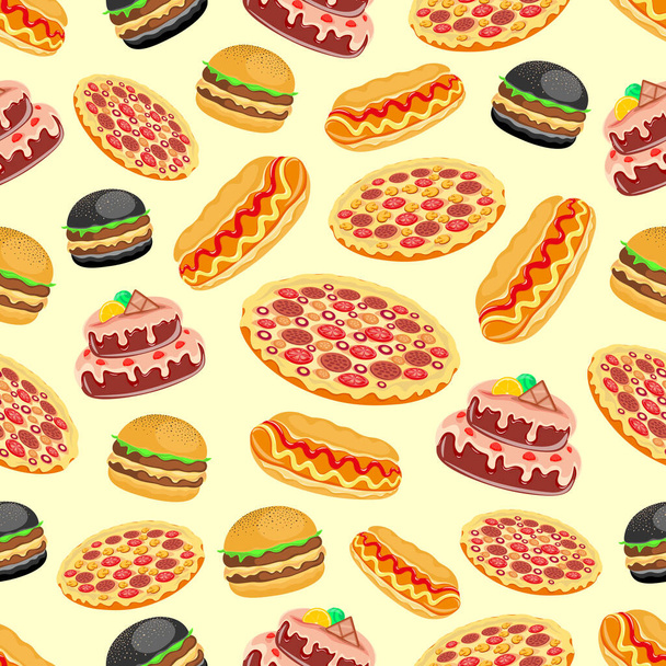 Pizza, burger, hot dog, torta akarat ad ön öröm és egy felejthetetlen íz, pizza, burger, hot-dog, torta, főzés, élő ízletes, élelmiszer, kontúr, vektor illusztráció, zökkenőmentes, minta  - Vektor, kép