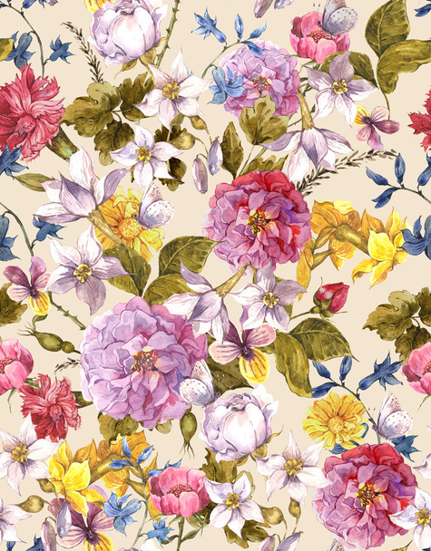 Floral Vintage Seamless Watercolor Background - Photo, Image