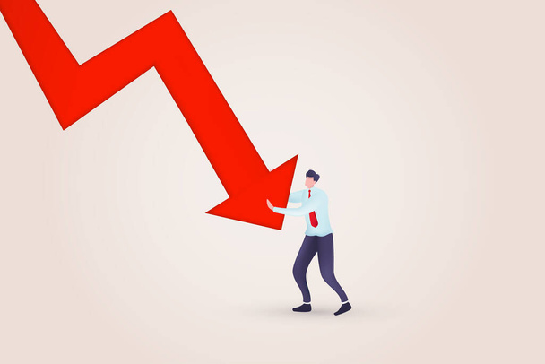 3D Bankrupt businessman pushed by downward Red arrow going down. Symbol of bankruptcy, failure, recession, crisis and financial losses on stock exchange market. - Vector, Image