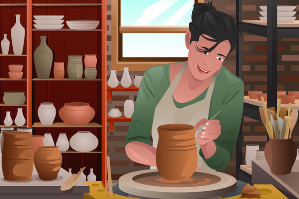 Jeune femme travaillant sur une poterie
 - Vecteur, image