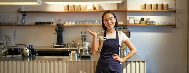 Ritratto di ragazza asiatica in grembiule, in piedi in un bar vicino al bancone, barista che punta il dito verso lo spazio copia, negozio di caffè banner vuoto. - Foto, immagini